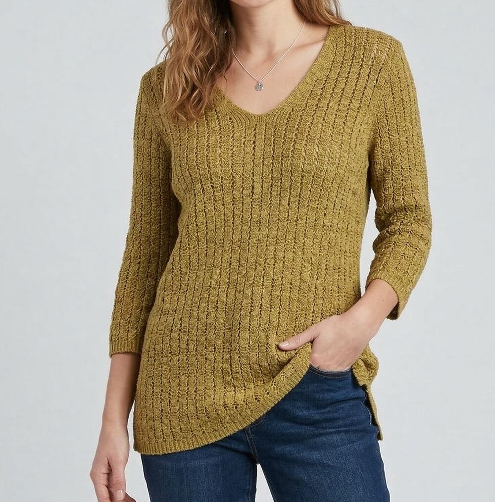 J. Jill Womens XS Green V Neck 3/4 Sleeve Sweater Cotton Polyester